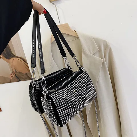 Women Fashion Rhinestone Chain Shoulder Bag Sparkly PU Leather Cylindrical Crossbody Bag Small Square Purse For Party Daily