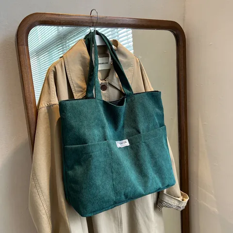 Bolso Tote de Pana para Mujer Gran Capacidad Minimalista Bolso de Hombro Color Sólido Vintage Harajuku Moda