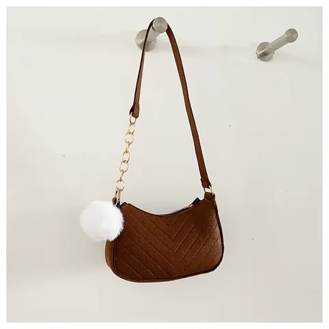 Women Fashion Felt Underarm Bag V-Quilted Shoulder Bag With Gold Chain And Plush Ball Cute Casual Daily Small Handbag