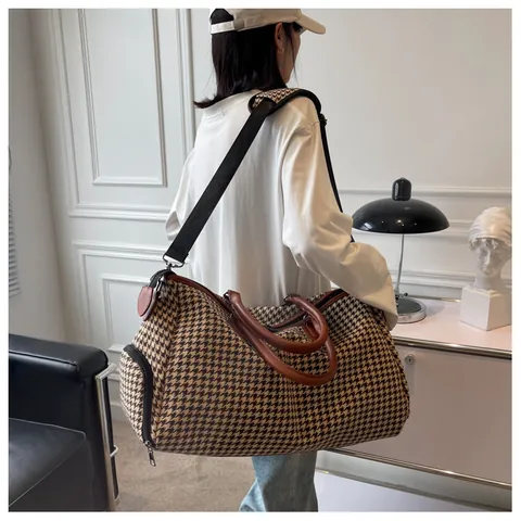 Borsa da Viaggio di Grande Capacità a Pied de Poule per Donna Uomo Borsa da Weekend Retrò in Tessuto di Lana Con Tracolla Regolabile