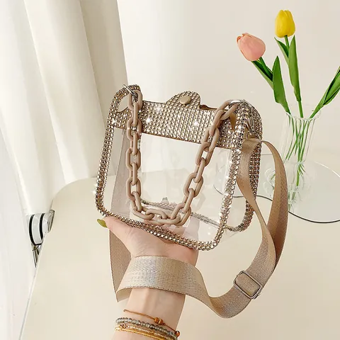 Women Clear PVC Rhinestone Crossbody Bag Trendy Chain Shoulder Bag Fashion Transparent Small Square Bag Party Handbag