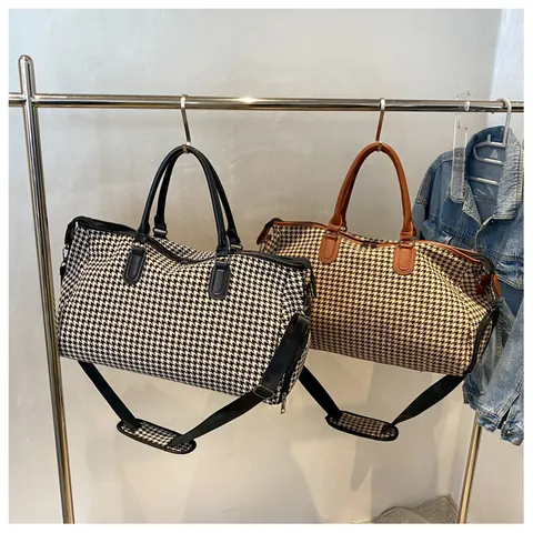 Borsa da Viaggio di Grande Capacità a Pied de Poule per Donna Uomo Borsa da Weekend Retrò in Tessuto di Lana Con Tracolla Regolabile