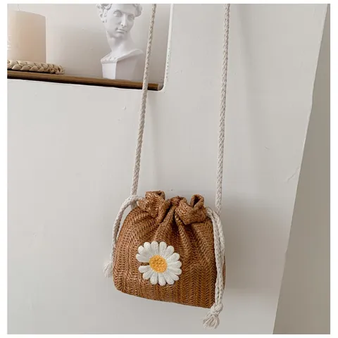 Damen Strohbeuteltasche Mit Gänseblümchen-Stickerei Gewebte Kordelzug-Umhängetasche Für Den Sommerurlaub Bohemian Stil Handtasche