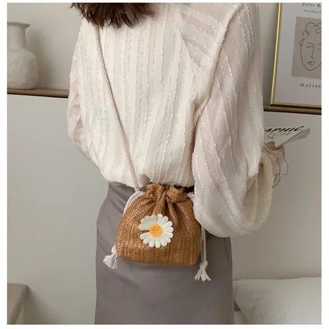 Damen Strohbeuteltasche Mit Gänseblümchen-Stickerei Gewebte Kordelzug-Umhängetasche Für Den Sommerurlaub Bohemian Stil Handtasche