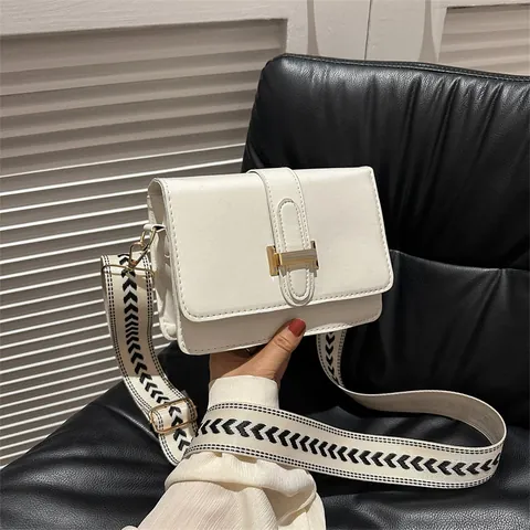 Bolso Bandolera de Cuero PU para Mujer Hebilla H Dorada Correa Geométrica Ancha Bolso de Hombro Cuadrado Pequeño