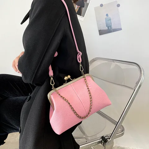 Vintage PU Leather Litchi Pattern Shell Shoulder Bag Women Retro Clip Buckle Chain Handbag Crossbody Bag Everyday Casual Purse
