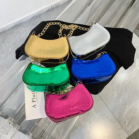 Women's Fashion Shiny Crocodile Embossed Hobo Bag Metallic PU Leather Shoulder Bag With Thick Gold Chain Strap Handbag
