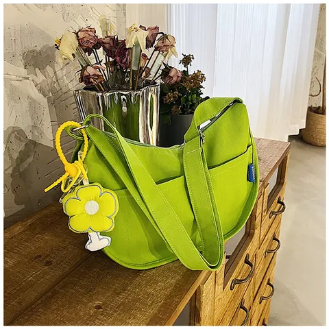 Women Casual Canvas Half Moon Crossbody Bag Large Capacity Minimalist Hobo Shoulder Bag With Flower Pendant Daily Tote Bag