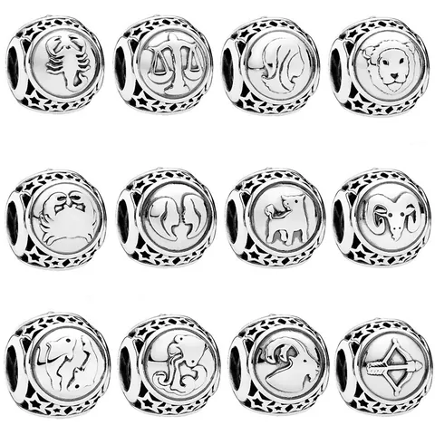 Zinc Alloy 12 Constellation Zodiac Beads With Hollow Stars Charms For DIY Bracelet Making Fashion Jewelry Accessories Unisex