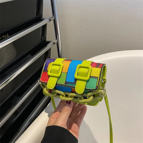 Women Mini Color Block Crossbody Bag PU Leather Pixel Pattern Small Square Bag With Plastic Chain And Buckle Detail