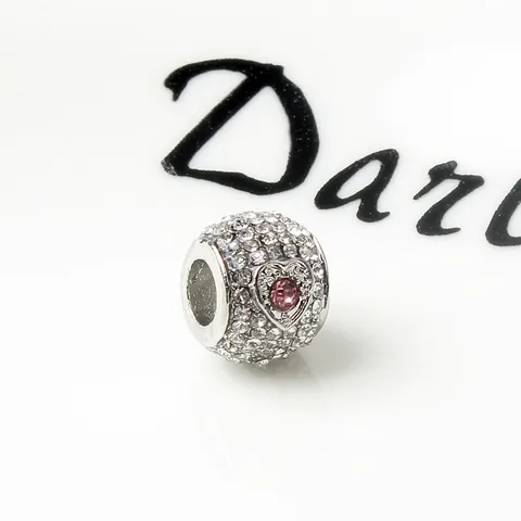 Alloy Pink Heart Cubic Zirconia Pave Charm Bead For Women DIY Snake Chain Bracelet Sparkling Romantic Jewelry Accessory