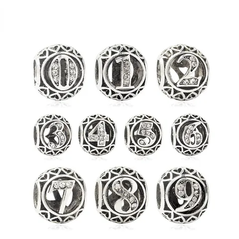 Alloy Rhinestone Number Beads For Jewelry Making Hollow Heart Design Silver Plated Zirconia Charms For DIY Bracelet Necklace