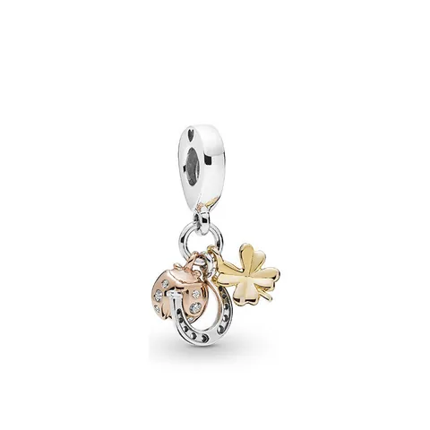 Alloy Rhinestone Horseshoe Four Leaf Clover And Ladybug Charm Pendant Three-In-One Lucky Symbol DIY Jewelry For Women