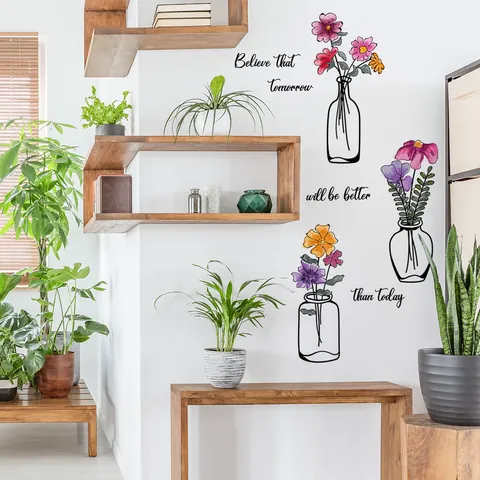 Adesivi Murali Vaso di Fiori Nordici Con Citazioni Ispiratrici Decalcomanie in PVC Impermeabili per Soggiorno Camera da Letto
