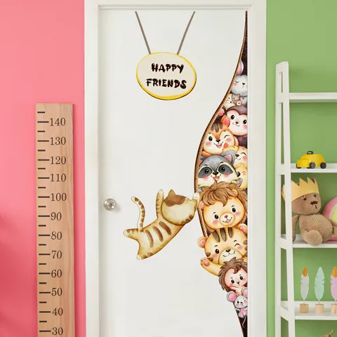 Cartoon Dieren Muurstickers Aquarel Leeuw Tijger Kat Verwijderbare PVC Deurstickers Voor Kinderkamer Crèche Decoratie