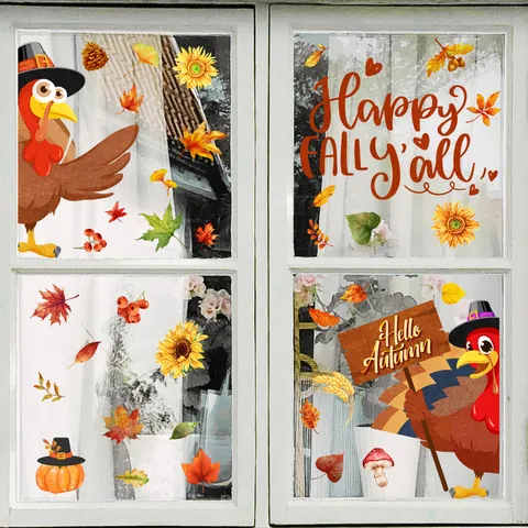 Erntedankfest Truthahn Kürbis Ahornblätter Statische Fensterbilder Herbst Ernte Aufkleber Für Glasfenster Dekoration