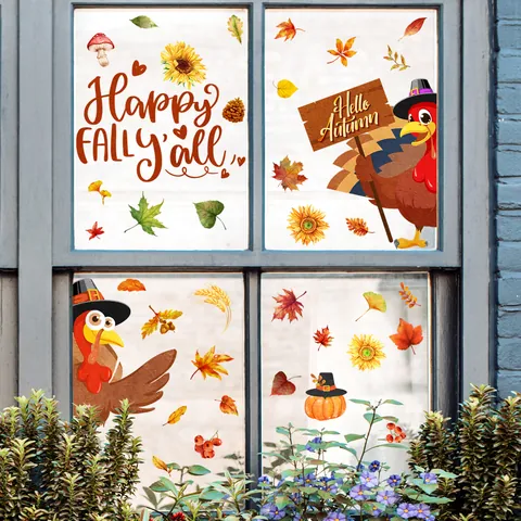 Erntedankfest Truthahn Kürbis Ahornblätter Statische Fensterbilder Herbst Ernte Aufkleber Für Glasfenster Dekoration