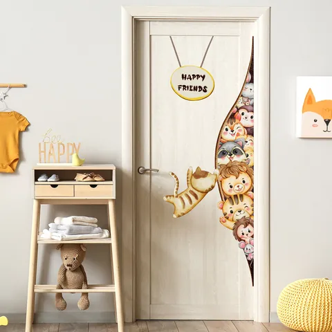Cartoon Dieren Muurstickers Aquarel Leeuw Tijger Kat Verwijderbare PVC Deurstickers Voor Kinderkamer Crèche Decoratie