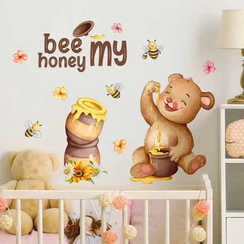 Cartoon Bear Bee Sunflower Honey Pot Wall Stickers Bee My Honey Decorative Decals For Kids Room Bedroom Living Room