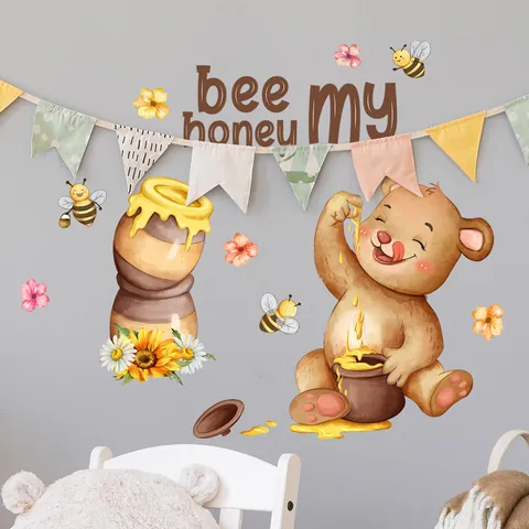 Cartoon Bear Bee Sunflower Honey Pot Wall Stickers Bee My Honey Decorative Decals For Kids Room Bedroom Living Room