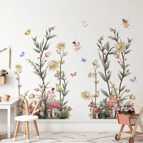 Watercolor Flower Fairy Wall Stickers PVC Butterfly Mushroom Decals For Bedroom Living Room Kids Nursery Hand Painted Style