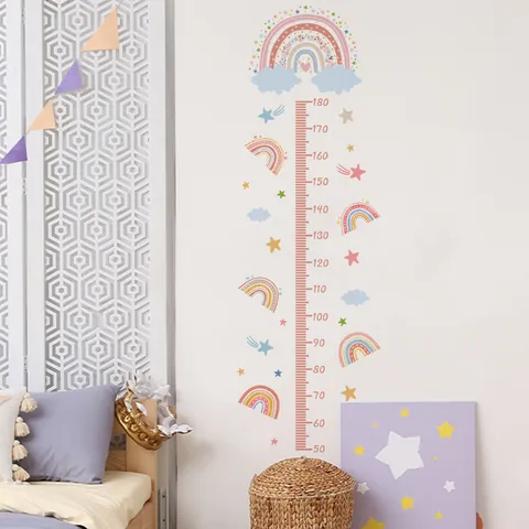 Sticker Mural Tableau de Croissance de Taille Arcobaleno pour Chambre Enfants PVC Décoratif Étoile Nuage Échelle de Mesure