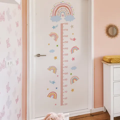 Sticker Mural Tableau de Croissance de Taille Arcobaleno pour Chambre Enfants PVC Décoratif Étoile Nuage Échelle de Mesure