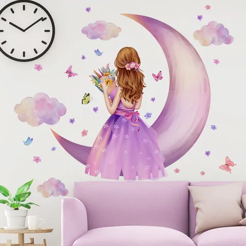 Pegatina de Pared de Chica de la Luna Púrpura Acuarela Flor Mariposa PVC Calcomanía para Dormitorio Habitación Infantil Hogar