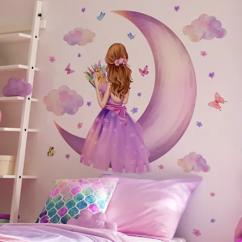 Pegatina de Pared de Chica de la Luna Púrpura Acuarela Flor Mariposa PVC Calcomanía para Dormitorio Habitación Infantil Hogar