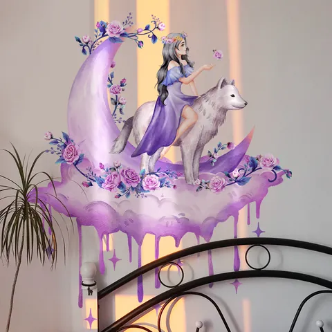 Sticker Mural Fille sur Loup Blanc Lune Violette Rose PVC Imperméable Peinture Murale Autocollante pour Décoration de Chambre
