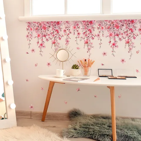 Stickers Muraux Fleurs de Cerisier Rose Romantique Sakura Branche Florale Décalcomanies Murales Papier Peint PVC Auto-adhésif Pour Salon Décoration Maison