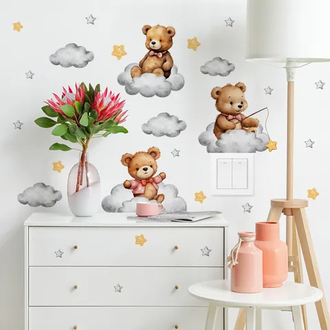Cartoon Bear Clouds Stars Wall Stickers For Kids Room Bedroom Switch Decor Watercolor Animal PVC Decals For Nursery Walls