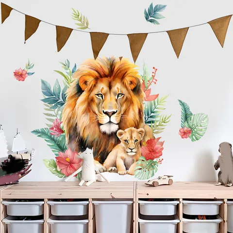 Aquarell Dschungel Löwe Wandsticker Für Kinderzimmer Babyzimmer Deko PVC Tropische Monstera Blatt Hibiskus Blume Wandtattoo