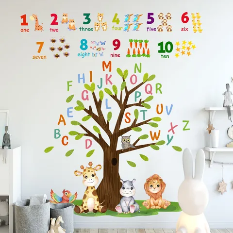 Bunte Tier Alphabet Baum Wandaufkleber Für Kinderzimmer Kindergarten Pädagogische Zahlen PVC DIY Wandtattoos Wohndekor