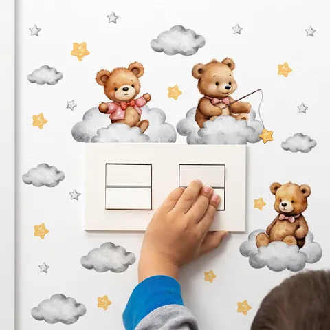 Cartoon Bear Clouds Stars Wall Stickers For Kids Room Bedroom Switch Decor Watercolor Animal PVC Decals For Nursery Walls