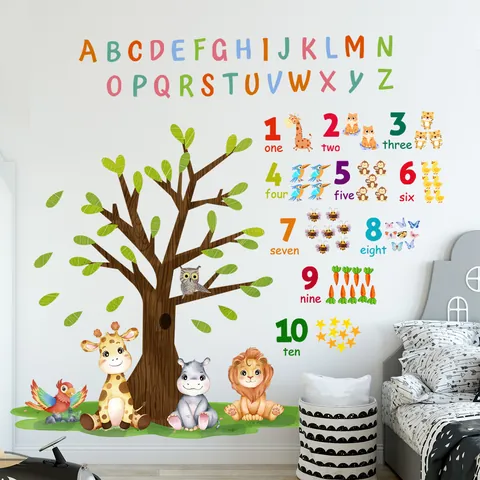 Bunte Tier Alphabet Baum Wandaufkleber Für Kinderzimmer Kindergarten Pädagogische Zahlen PVC DIY Wandtattoos Wohndekor