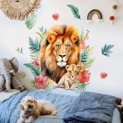 Aquarell Dschungel Löwe Wandsticker Für Kinderzimmer Babyzimmer Deko PVC Tropische Monstera Blatt Hibiskus Blume Wandtattoo
