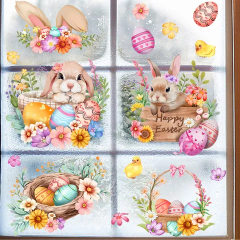 Stickers Fenêtre Pâques PVC Électrostatiques Lapin Œufs Fleurs Décor Pour Vitre Magasin Maison Aquarelle Dessin Animé