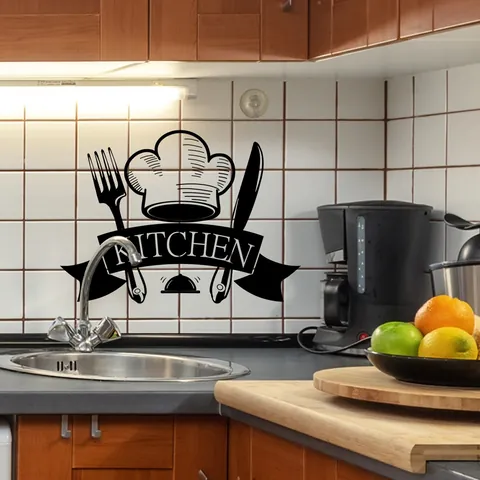 Keuken Muursticker Zwart PVC Koksmuts Bestek Patroon DIY Verwijderbare Wanddecoratie Voor Restaurant Huis