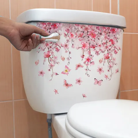 Pink Floral Vine Toilet Sticker Waterproof PVC Butterfly Cherry Blossom Wall Decal Bathroom Toilet Seat Cover Decor