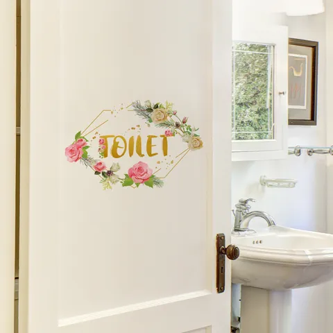 Blumen Rose Toilette Schild Tür Wandaufkleber Wasserdicht PVC Blumenkranz Beschriftung Dekoration Für Badezimmer Heimdeko