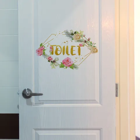 Blumen Rose Toilette Schild Tür Wandaufkleber Wasserdicht PVC Blumenkranz Beschriftung Dekoration Für Badezimmer Heimdeko