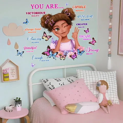 Cartoon African Girl Butterfly Bible Verses Wall Sticker PVC Waterproof Inspirational Quote Decal For Kids Room Bedroom Home Decor