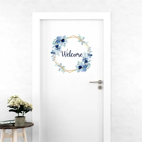 Adesivo da Parete Welcome con Fiori Acquerello Blu Decalcomania per Porta in PVC Autoadesivo Per Soggiorno Camera da Letto Decorazione