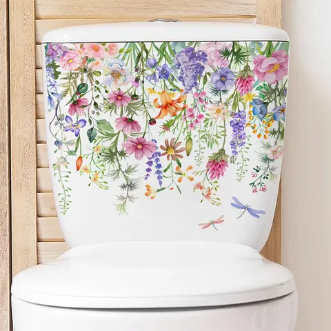 Adesivo per WC con Fiori Farfalle Libellule Acquerello Impermeabile PVC Autoadesivo Arredamento Bagno Decalcomania da Parete