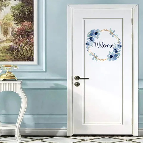 Adesivo da Parete Welcome con Fiori Acquerello Blu Decalcomania per Porta in PVC Autoadesivo Per Soggiorno Camera da Letto Decorazione