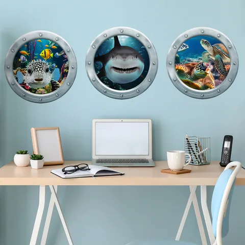 3D Undersea World Porthole Wall Stickers Waterproof PVC Decals Shark Sea Turtle Pufferfish Removable Bathroom Home Art Decor