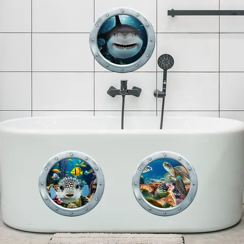 3D Undersea World Porthole Wall Stickers Waterproof PVC Decals Shark Sea Turtle Pufferfish Removable Bathroom Home Art Decor