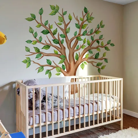 Aquarell Cartoon Großer Baum Wandaufkleber Grüne Blätter PVC Wandbild Für Kinderzimmer Kindergarten Hintergrund Wand Deko