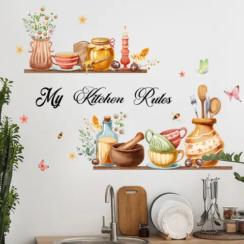 Watercolor Kitchen Wall Stickers My Kitchen Rules Removable PVC Decals For Dining Room Home Decor Wall Art Mural